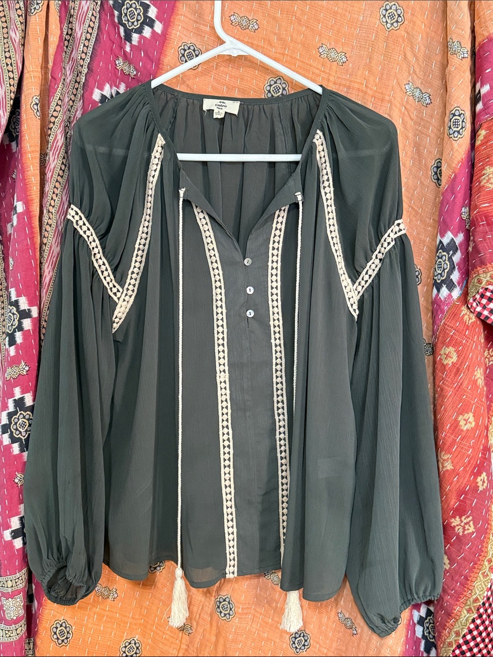 entro Black Peasant Blouse with Cream Trim